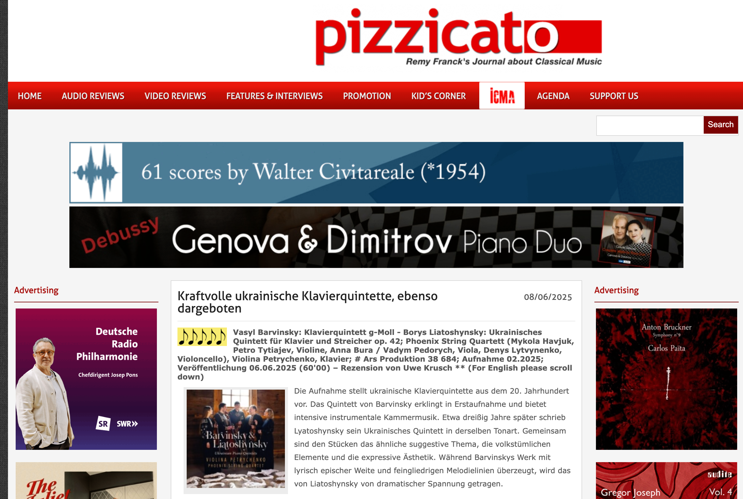 Львівська національна філармонія - Журнал Pizzicato з новою рецензією на реліз українських фортепіанних квінтетів